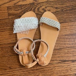 Handmade in Greece, leather sandal with white/silver beads and pearls